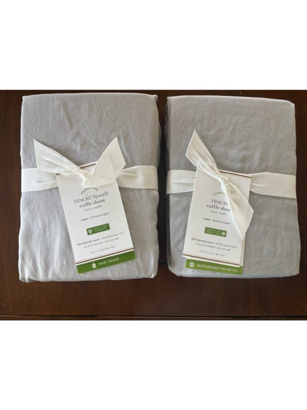 PAIR pottery barn tencel ruffle standard Pillow shams Soft grey EURO New - Picture 2 of 4